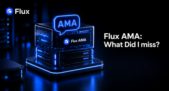 The image features a futuristic blue-lit server graphic with "AMA" displayed in a speech bubble and "Flux AMA" on the device, alongside the headline "Flux AMA: What Did I miss?" This visually reinforces the blog's purpose of recapping key updates from the Flux ecosystem's recent AMA session.
