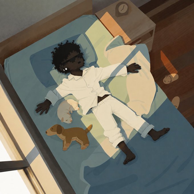 An illustration of a person with dark skin and curly black hair sleeping in a bed, with a small white cat and a brown toy dog next to them.