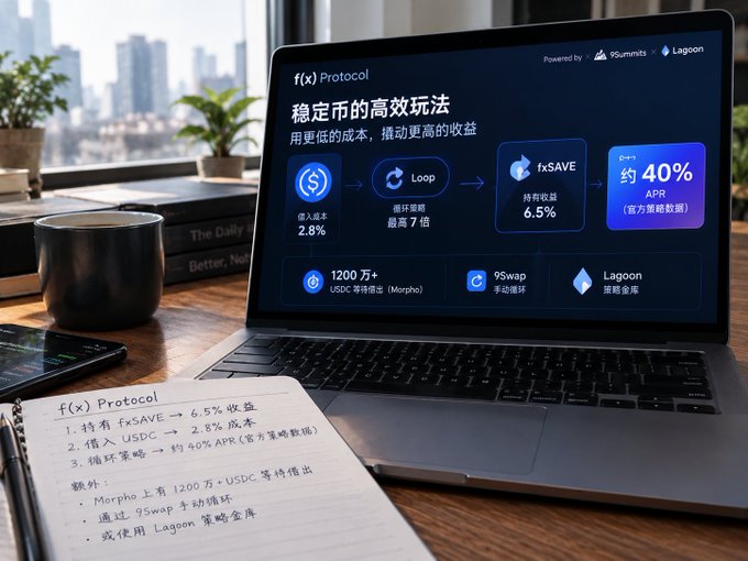 A laptop displays an “f(x) Protocol” promotional slide in Chinese about stablecoin efficiency, showing figures such as 2.8%, 6.5%, “1200万+,” “0 Swap,” “Lagoon,” and “约40% APR”; a handwritten note repeats the promotion.