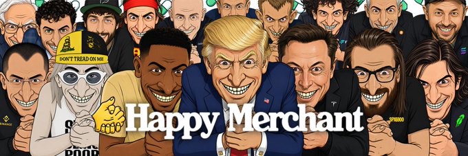A caricature banner titled "Happy Merchant" features exaggerated cartoon portraits of public figures including Donald Trump, Elon Musk, and others, promoting the "$HAPPY" token's upgraded Pro status on Moby.