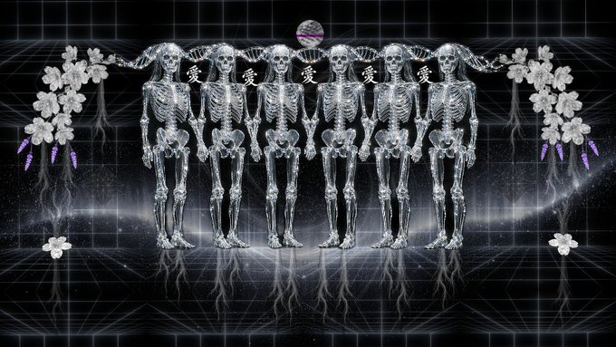 A digital artwork featuring seven skeletons standing in a row connected by outstretched arms, set against a dark grid background with floral decorations and Chinese characters.