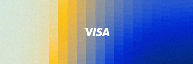 A Visa logo displayed on a gradient background with orange, beige, and blue vertical stripes.