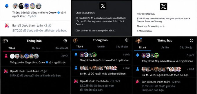 Six mobile notification screenshots in Vietnamese from the X platform (formerly Twitter) show account balances and mentions, including messages like "Chào @Leubu/IOP... Chúc mừng thành viên X Creator" and payout notifications.
