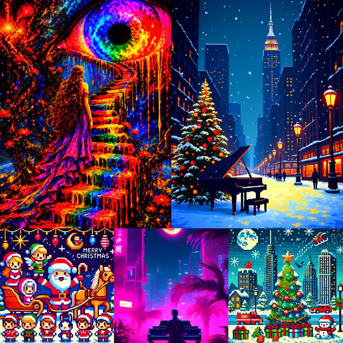 A collage of holiday-themed artwork features a vibrant rainbow staircase, a snowy New York City street with a piano and Christmas tree, pixel-art Santas, a neon-lit piano scene, and a decorated Christmas tree.