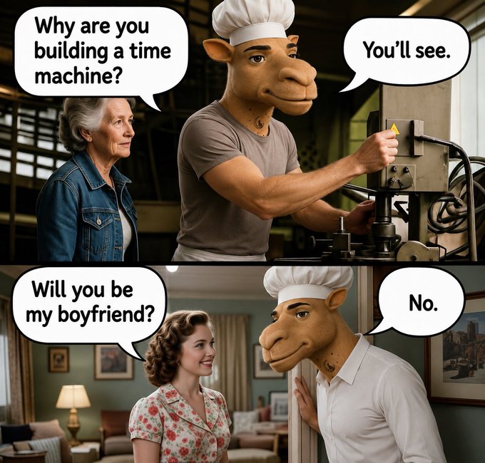 Two-panel humorous meme featuring a sheep-headed chef; in the first panel an older woman asks 'Why are you building a time machine?' and he replies 'You'll see,' while in the second panel a younger woman asks 'Will you be my boyfriend?' and he answers 'No.'