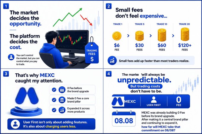 Marketing infographic for MEXC cryptocurrency exchange highlighting their 0 Fee trading promotion, emphasizing that while 'The market decides the opportunity' and trading fees add up, MEXC offers 0 fees before brand upgrade, made it a core pillar, and expanded it across products starting 08.08.
