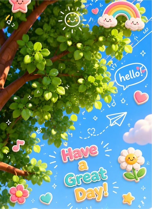 A cheerful graphic with a blue sky, white clouds, and a green tree, decorated with cute stickers like a sun, rainbow, hearts, and a flower, with the text 'Have a Great Day!' and a speech bubble saying 'hello!'.
