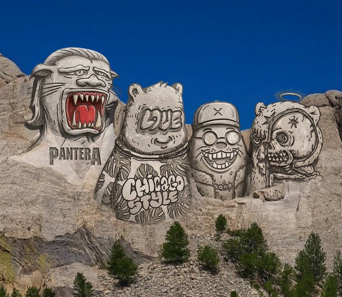 A digital artwork depicting Mount Rushmore reimagined as giant crypto meme mascots labeled 'PANTERA' (a roaring feline), 'CHICACO STYLE' (a chibi bear), 'ME' (a figure with an X cap and grin), and a creepy skull-faced character with a halo, set against a blue sky and mountain landscape.