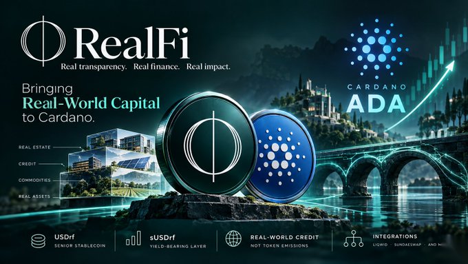 A promotional graphic for RealFi on Cardano highlights "Real transparency. Real finance. Real impact." with the tagline "Bringing Real-World Capital to Cardano" and features the $ADA ticker alongside categories like Real Estate, Credit, Commodities, and Real Assets. The post about $ADA aligns with the image by spotlighting Cardano's renewed attention, while RealFi's tokenization of real-world assets (USDf, sUSDf) exemplifies the kind of "new reason to care" driving renewed interest in the ecosystem.