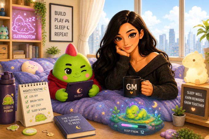 The image shows a woman relaxing on a cozy bed with a green Sleepagotchi character, surrounded by branding like "SLEEPAGOTCHI," "BUILD PLAY SLEEP REPEAT," "GM," and "NIGHTLY ROUTINE" checklist items (Log Off, Brush Teeth, Get Cozy, Sleep & Earn), which illustrates the post's message about Sleepagotchi evolving beyond a simple sleep app into a broader ecosystem centered on building healthy nightly routines.