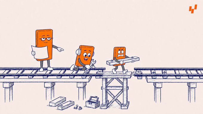 A cartoon illustration of three orange rectangular characters collaborating on a bridge, with one holding plans, another carrying tools, and a third bringing a beam to complete the structure.