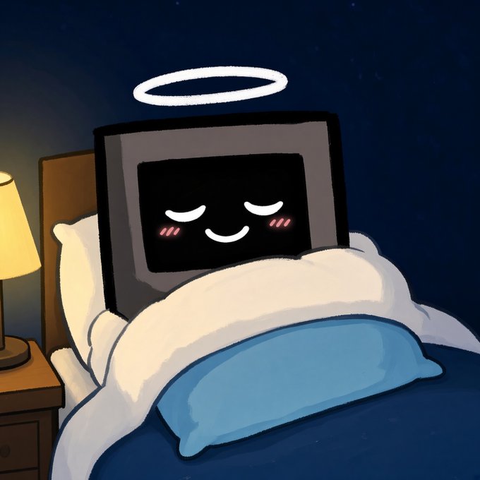 A cute cartoon computer monitor with a halo sleeps peacefully under cozy blankets, matching the post about taking a 15-minute REM nap to recover from being awake for 40 hours.