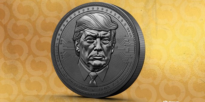 A digital rendering of a dark metallic commemorative coin featuring a portrait resembling Donald Trump, with star and circuit board details, set against a gold patterned background.