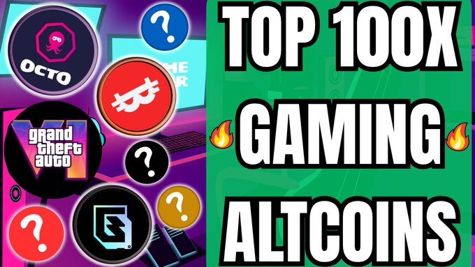 An image showcasing 'TOP 100X GAMING ALTCOINS' with logos for various gaming and cryptocurrency projects like OCTO and Grand Theft Auto VI.