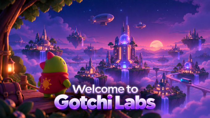 A vibrant fantasy landscape with floating islands, castles, and airships features a green character looking out, with text reading 'Welcome to Gotchi Labs'.