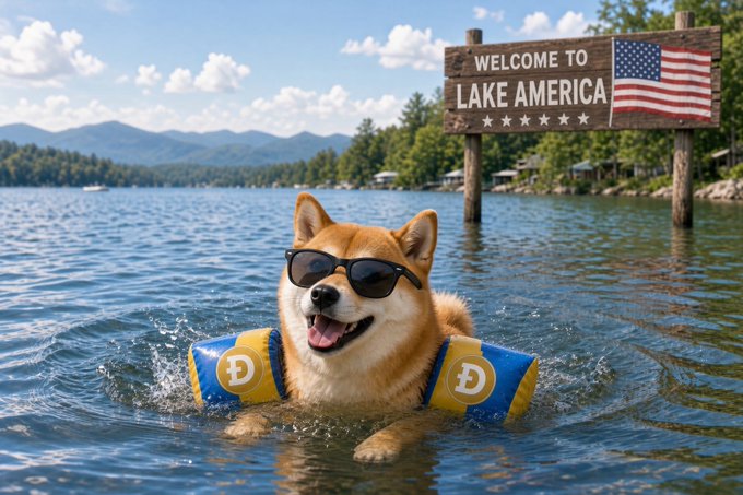 A Shiba Inu dog wearing black sunglasses and blue and yellow arm floaties with 'D' logos swims in a lake. Behind the dog, a wooden sign reads 'WELCOME TO LAKE AMERICA' with an American flag, set against a backdrop of forested mountains.
