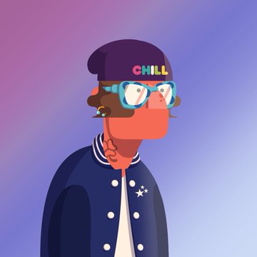 The image features a cartoon character wearing glasses, a beanie hat with "Chill" written on it, and a jacket. The character appears to be posing for a photo or drawing. The background of the image has a gradient purple color that complements the character's attire. There are also several other elements in the image such as stars scattered around the cartoon character, which adds depth and detail to the scene.