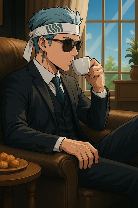 An anime-style illustration of a man with teal hair wearing sunglasses, a white headband, and a dark suit with a green tie, sitting in a leather chair drinking from a white cup.