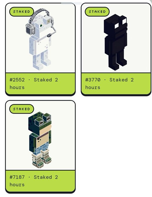 A display of three Minecraft-style voxel character NFTs all marked as "STAKED," with titles "Staked 2 hours," numbered #2552, #3770, and #7187.