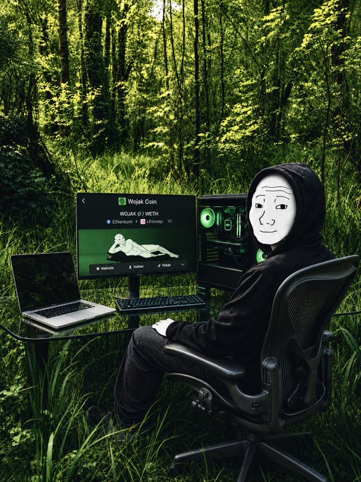 An edited image of a person wearing a black hoodie and a Wojak-style face mask sitting at a computer desk in a forest, with the monitor displaying the Wojak Coin ($WOJAK) crypto page showing an Ethereum price of 0.00001657.