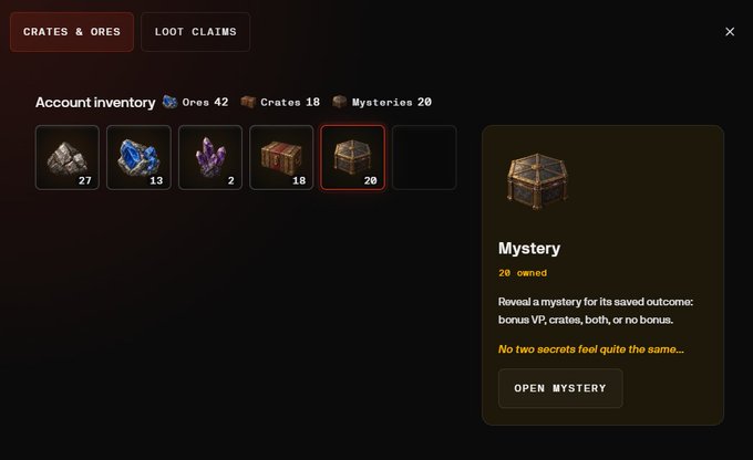 A game inventory screen showing account inventory with Ores 42, Crates 18, and Mysteries 20, with a Mystery crate selected displaying '20 owned' and an 'OPEN MYSTERY' button.
