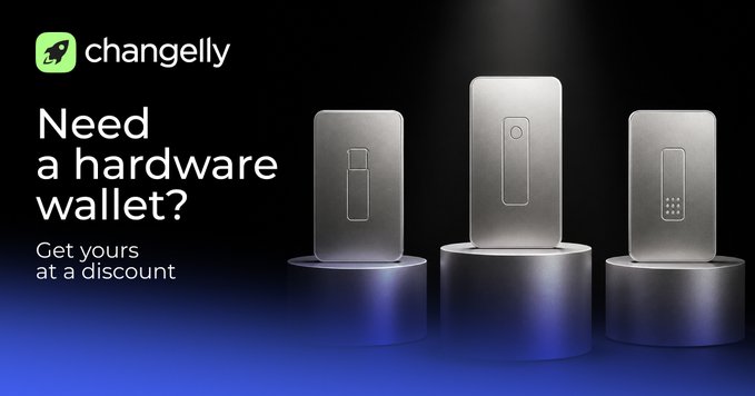 A promotional banner for changelly featuring the text "Need a hardware wallet? Get yours at a discount" alongside three silver hardware wallet devices displayed on illuminated pedestals.