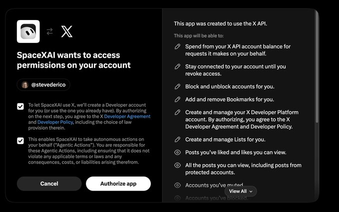 X (Twitter) authorization screen for SpaceXAI requesting access to user @stevederico's account, including permissions to spend API balance, block/unblock accounts, manage bookmarks, create lists, and view posts.