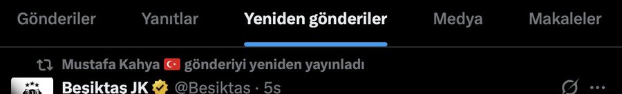A screenshot in Turkish showing a tweet reposted by Mustafa Kahya from 'Besiktas JK' (@Besiktas) under the 'Yeniden gönderilen' tab.