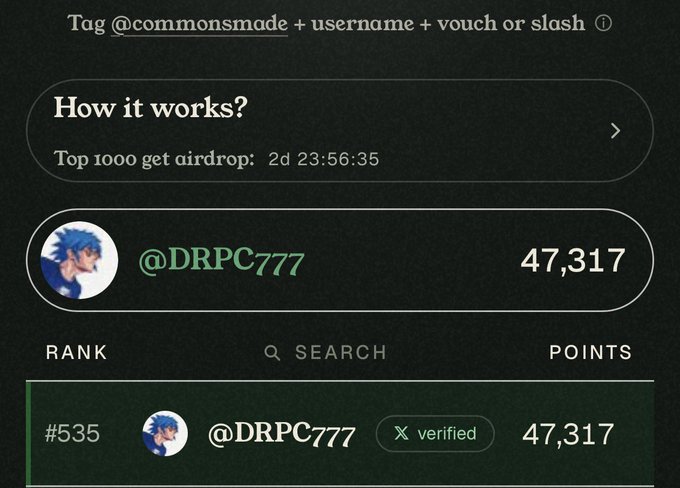 The image shows a leaderboard ranking page for @DRPC777 with 47,317 points and rank #535, along with a "Top 1000 get airdrop" countdown timer. The user is leveraging their verified ranking position to request EVM wallet addresses from those who vouched for them, likely to distribute airdrop rewards to supporters who helped them qualify within the top 1000 threshold.