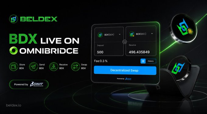 A promotional graphic for BELDEX announcing 'BDX LIVE ON OMNIBRIDGE', showing a decentralized swap interface for converting BDX (BOX) to BDX (BSC).