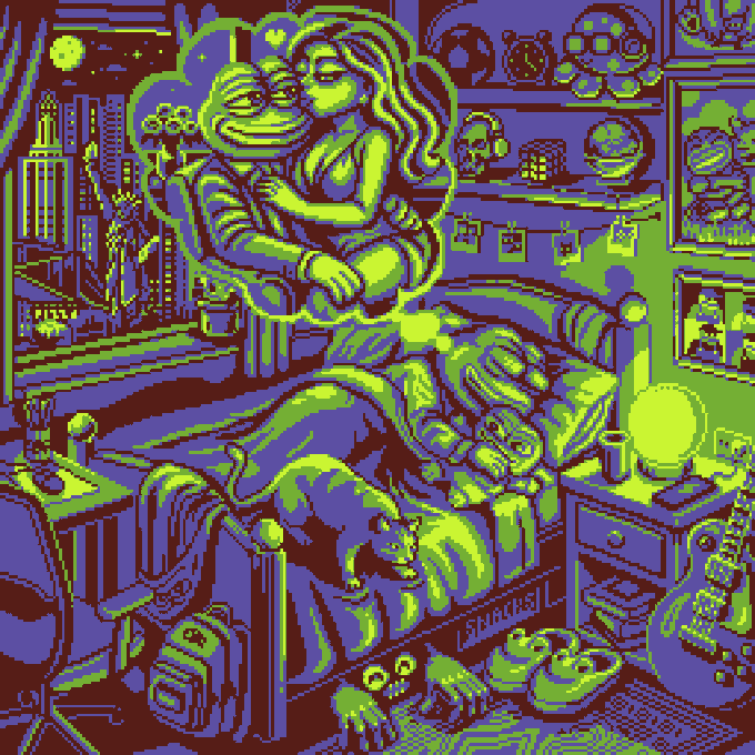 A vibrant, pixel-art style digital illustration in purple and green, depicting a woman and a green creature hugging in a bedroom overlooking a city skyline, with a cat resting on the bed.