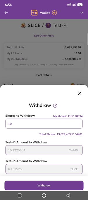 A mobile screenshot of a Pi Wallet withdrawal screen for the SLICE/Test-Pi liquidity pool, showing 10 shares being withdrawn resulting in 15.2225854 Test-Pi and 6.4515263 SLICE tokens, illustrating the post's point about automatic proportional calculations based on shares.