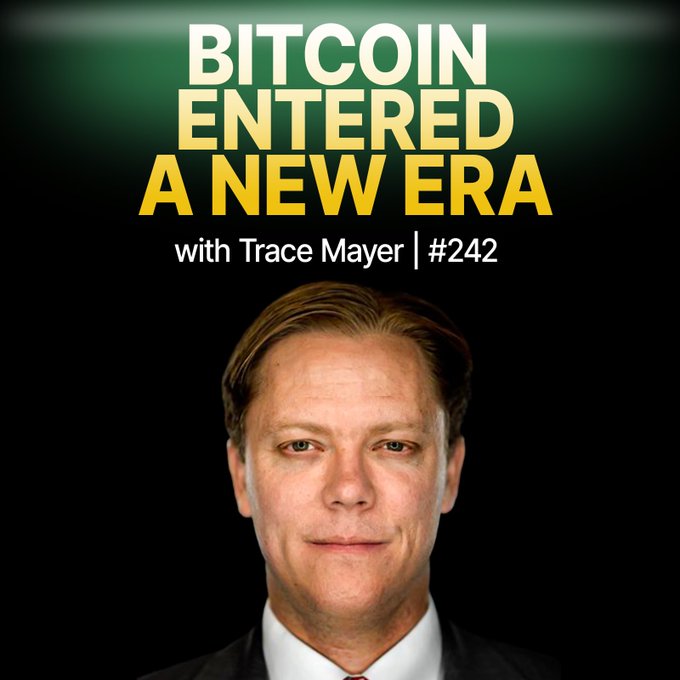 The image features a man wearing a suit and tie with a serious expression, standing against a black background. The text "Bitcoin entered a new era" is displayed above him, indicating that Bitcoin has become a significant part of our modern world. Below this title, there are two lines of text discussing the history of Bitcoin and its impact on society.