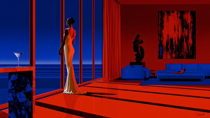 A digital painting in striking red and blue tones depicting a silhouetted woman in an elegant gown standing in a modern room looking out large windows at a twilight seascape, with abstract art and blue furniture visible.
