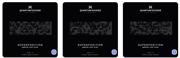 Three circuit board diagrams labeled 'Quantum Echoes by Eighty-Eighth', 'Superposition Quantum Echo #1386', '#1367', and '#1365' from ETH Global Singapore.