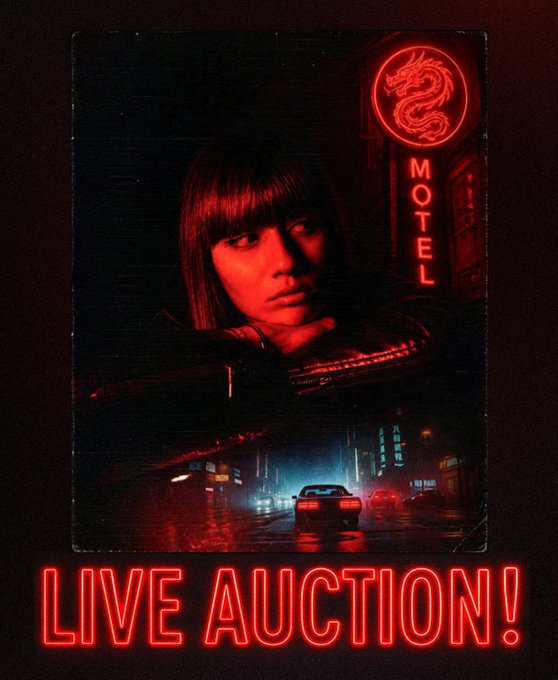 The image features a poster for an auction event, with a woman's face prominently displayed against a dark background. The text "Live Auction!" is written above her head, indicating that this is the main focus of the poster. Below the woman's face, there are two cars in the foreground - one red and one black. The image also includes a neon sign for a motel with a dragon design on it.