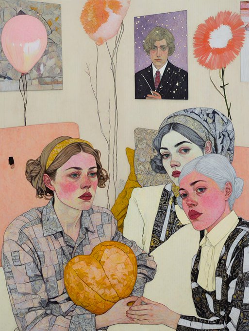 A mixed-media artwork features three stylized women in patterned clothing, with one holding a heart-shaped object, surrounded by pink balloons, red flowers, and a small portrait of a suited man.