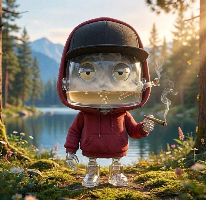 A transparent glass figure in a maroon hoodie and black cap smokes a joint beside a serene mountain lake, with vapor curling through its liquid-filled head. The chill, laid-back vibe of the smoking character fits the creator's excited post about crafting a special 1/1 honorary piece for the @ThrillsOnHood NFT collection.