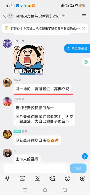 A screenshot from a WeChat group chat titled "TeslaSI万倍共识新群(1246)" shows members discussing the coin, with one message stating "翻他妈的几万倍" and another noting the stock is "赛退赛进,高低立现," reflecting the volatile hype and dumping cycle mentioned in the post.