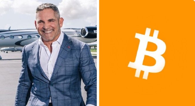 The image shows real estate investor Grant Cardone smiling in a blue checkered blazer with a private jet in the background, paired with the orange Bitcoin logo, visually representing his strategy of using real estate wealth to buy Bitcoin during market dips.