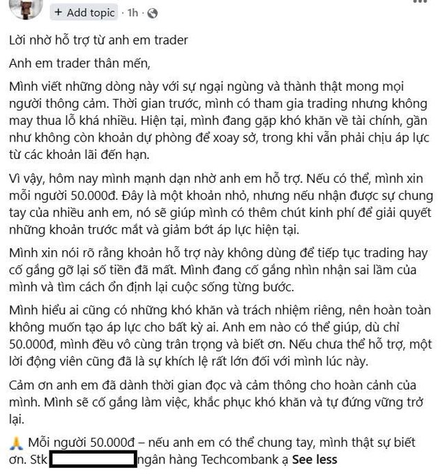 A Vietnamese-language social media post requesting financial help from the trading community, asking for 50,000 VND donations and providing a Techcombank account for transfers.
