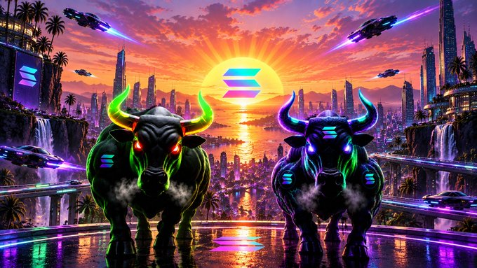Two powerful, neon-glowing black bulls with glowing green and blue horns stand facing each other against a futuristic cyberpunk cityscape at sunset, with the Solana logo prominently displayed in the sky above them. The image symbolizes bullish momentum for Solana ($SOL), $CURB, and $ANSEM, visually reinforcing the "Solana Bulls" greeting from the post.