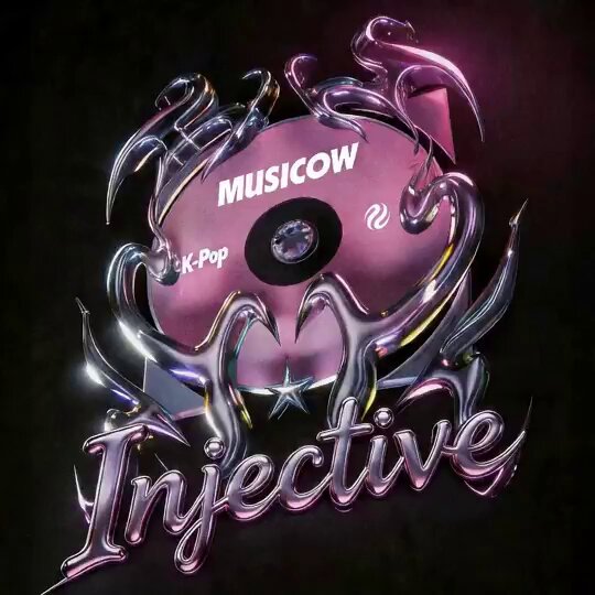 The image features an album cover for "Injective" by a band called Khaju Cow, which has been tokenized with the hashtag "#injective". The background of the image is black, but there are some metallic elements that give it a futuristic feel. The main focus of the image is the text "Injective" written in pink and purple colors, along with the band's name and logo. The post also mentions that the album has been tokenized, which means fans can own a share of the royalty income from the song.