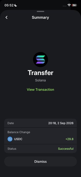 A mobile wallet app summary screen showing a successful Solana transfer of +29.8 USDC dated 2 Sep 2026.