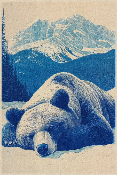 A blue-toned print titled "The Bear, at Rest" depicts a large bear sleeping peacefully in the foreground with a majestic snow-capped mountain rising behind it, fitting the post's title and suggesting a tranquil yet powerful symbol relevant to the bear-themed secondary sale.