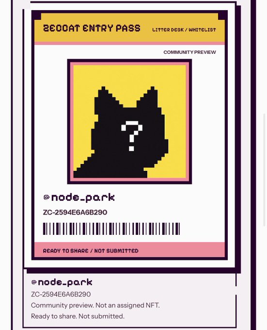 A pixel-art style digital entry pass labeled 'BEDOAT ENTRY PASS' featuring a black animal silhouette with a question mark on a yellow background, with text including '@node_park', 'ZC-2594E6A6B290', and 'COMMUNITY PREVIEW'.