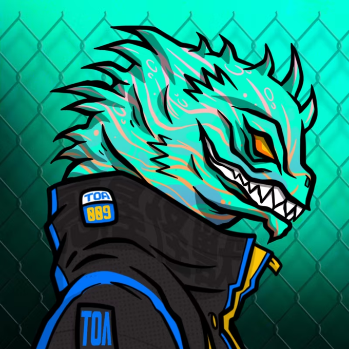 A stylized digital illustration of a turquoise dragon-like ape creature wearing a black jacket with patches labeled 'TOA 989', set against a chain-link fence background.