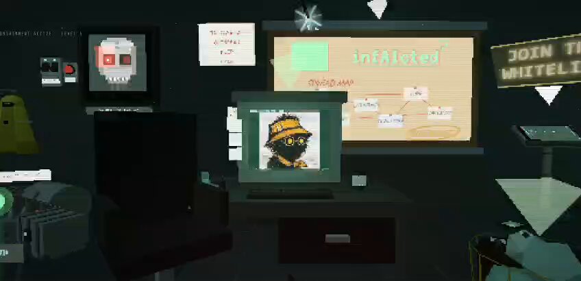 The image shows a computer desk with various items such as a monitor, keyboard, mouse, and chair. There are also several posters hanging on the wall behind the desk. The main focus of the image is a sign that reads "I'm giving away 20 GTD Spots for @infAIcted To enter: Follow @Crypto_Yapp & @infAIcted & @infAIcted • Like + RT this post & Drop EVM address Turn on both notification Ends in 24 hours, Good luck". The image also contains a small cartoon of a person wearing a yellow hat and glasses.