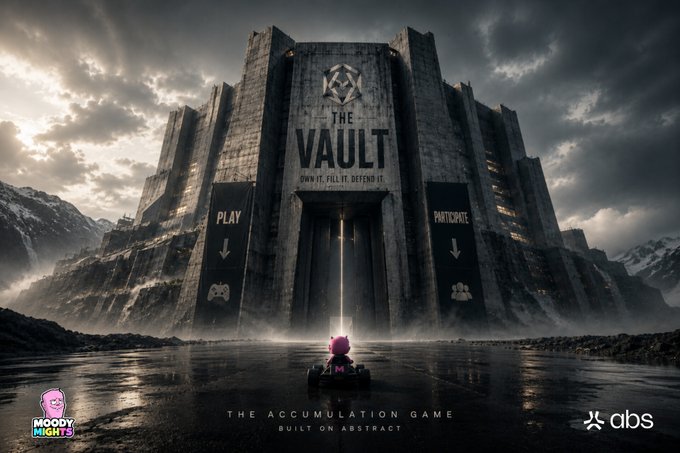 Promotional artwork for 'THE VAULT', described as 'THE ACCUMULATION GAME BUILT ON ABSTRACT', featuring a massive fortress and a small kart driven by a pink character.