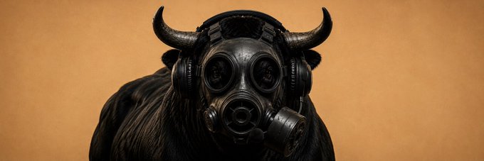 A surreal dark artwork of a bison or bull wearing a gas mask and headphones against a tan background.